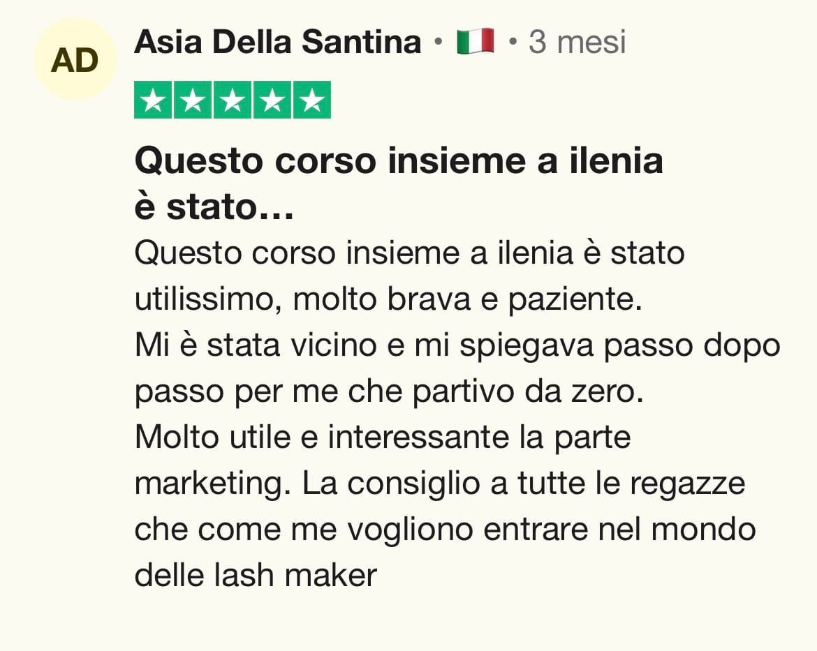 Recensione Trustpilot a 5 stelle di Asia Della Santina sul corso con Ilenia