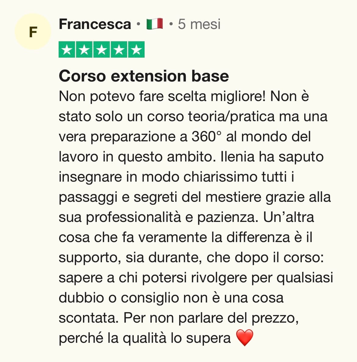 Recensione Trustpilot a 5 stelle di Francesca sul corso extension base