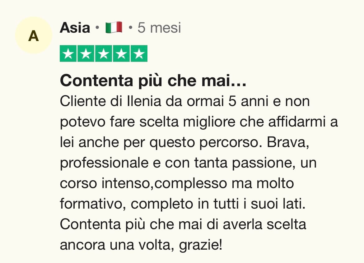 Recensione Trustpilot a 5 stelle di Asia, cliente di Ilenia da 5 anni