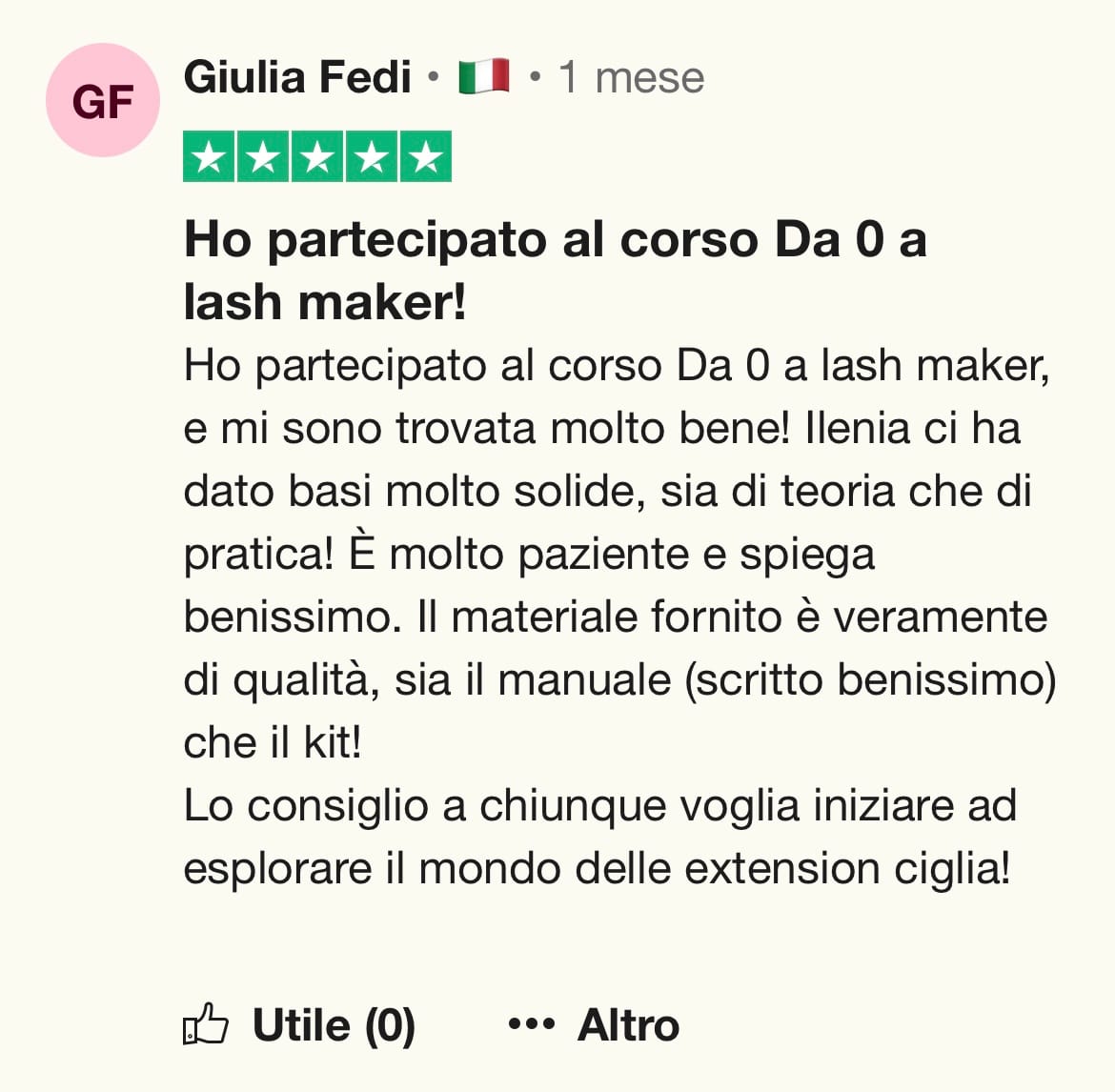 Recensione Trustpilot a 5 stelle di Giulia Fedi sul corso Da 0 a Lash Maker